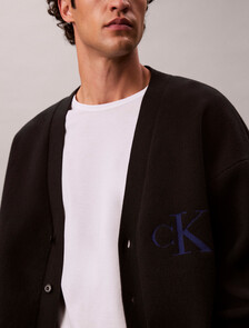 Cotton Blend Monogram Logo Relaxed Cardigan, Black, hi-res