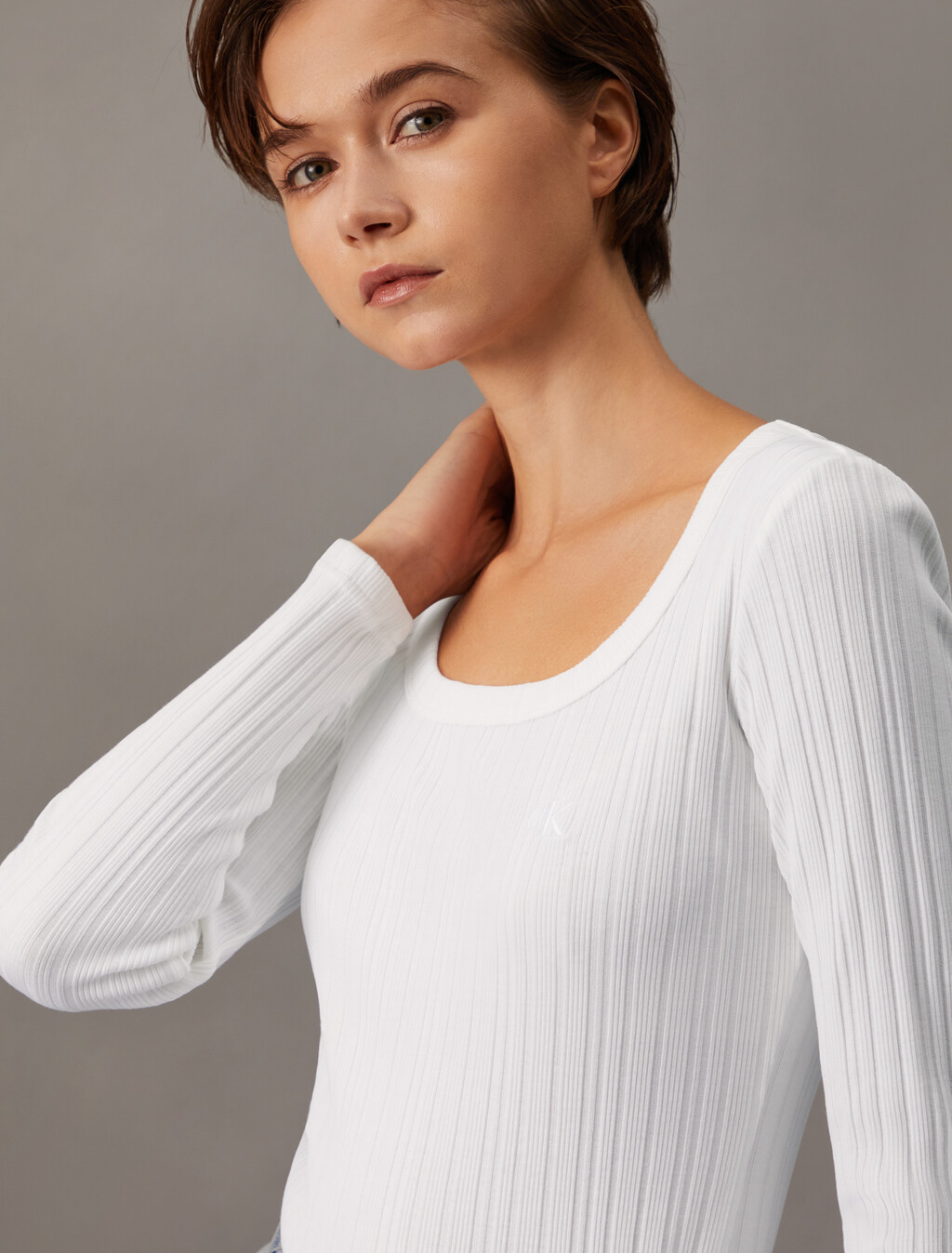 Boat Neck Rib Knit Slim Top, Bright White, hi-res