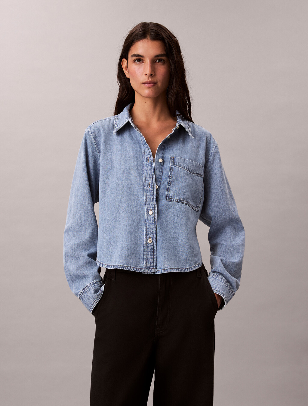 Washed Cropped Denim Shirt, BLUE RIVIERA, hi-res