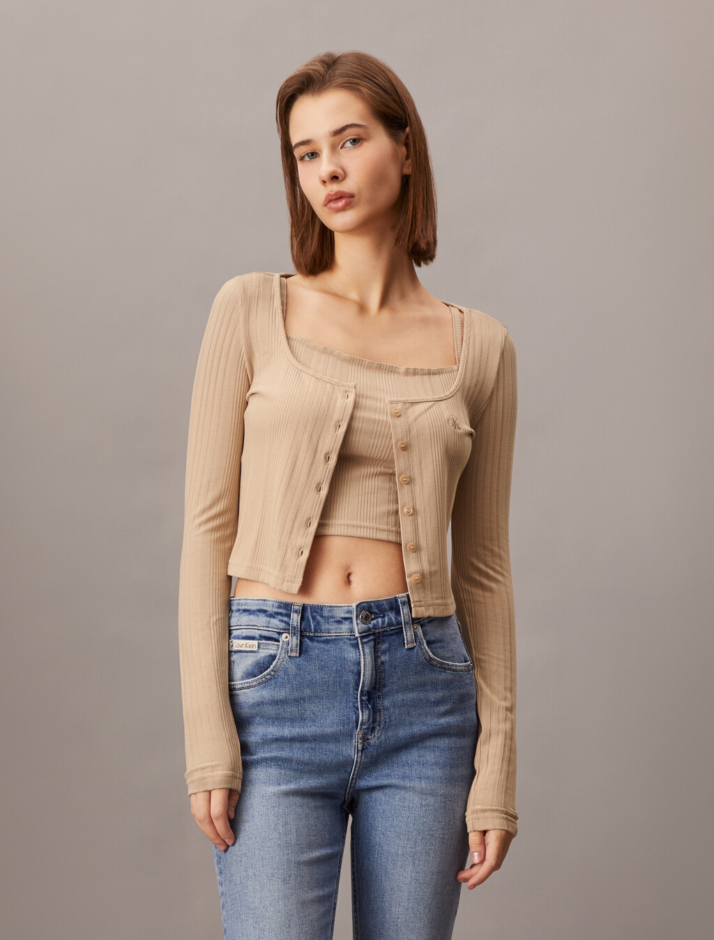 2 in 1 Rib Knit Slim Cardigan, Tuscany, hi-res