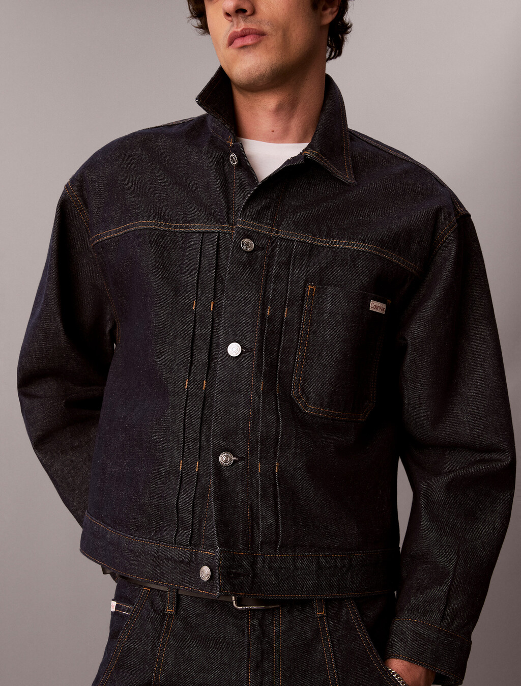 Pleated Denim Trucker Jacket, ICONIC INDIGO, hi-res