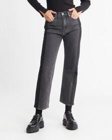 TWO TONE BLACK HIGH RISE STRAIGHT ANKLE JEANS, Washed Black Blocked, hi-res