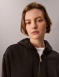Washed Cotton Terry Zip Through Hoodie, Black, hi-res