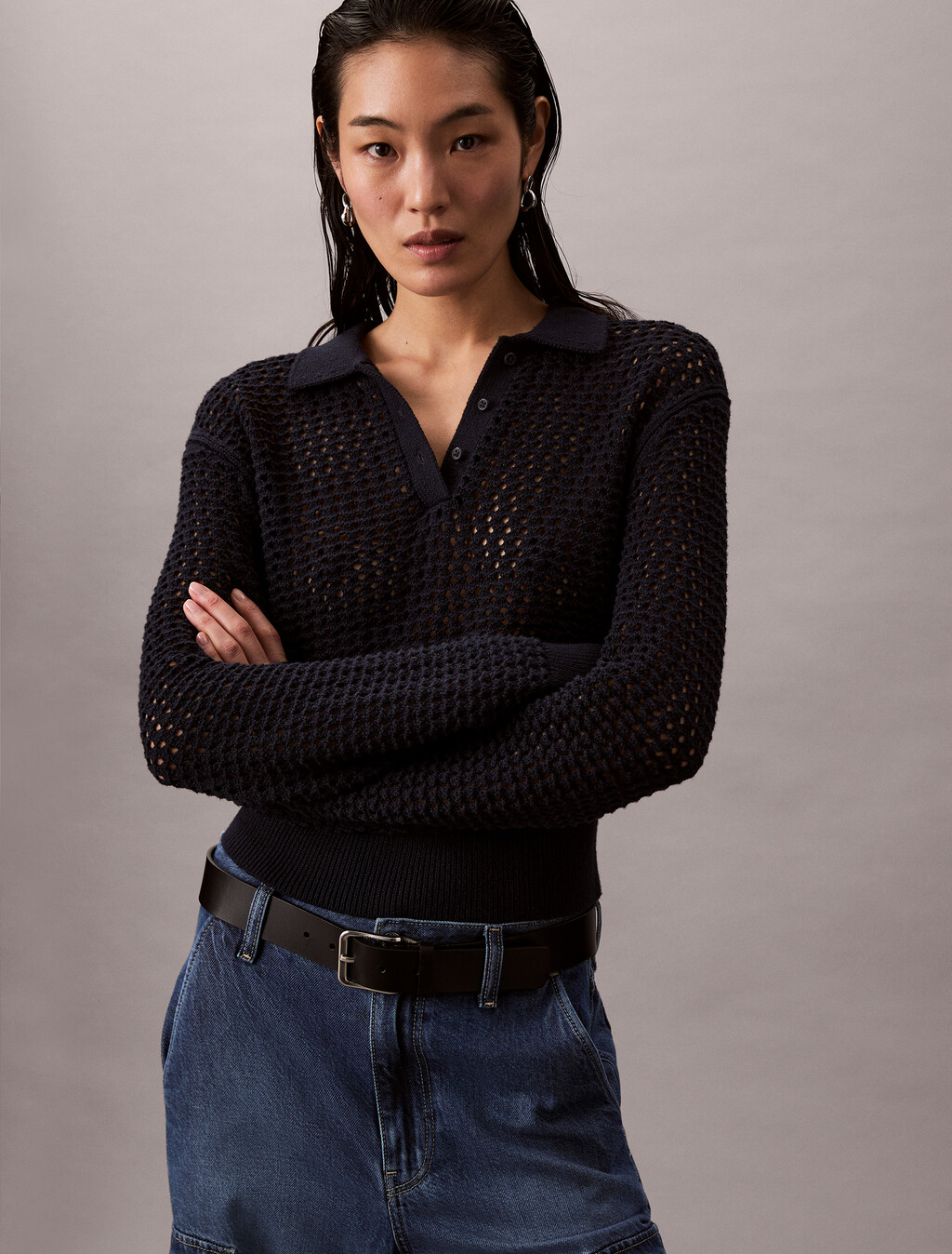 Novelty Cotton Open Stitch Sweater, Dark Sapphire, hi-res
