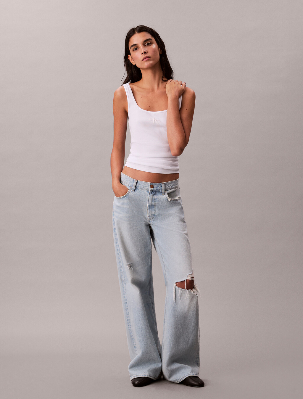 Monogram Scoop Neck Rib Knit Tank Top, Bright White, hi-res