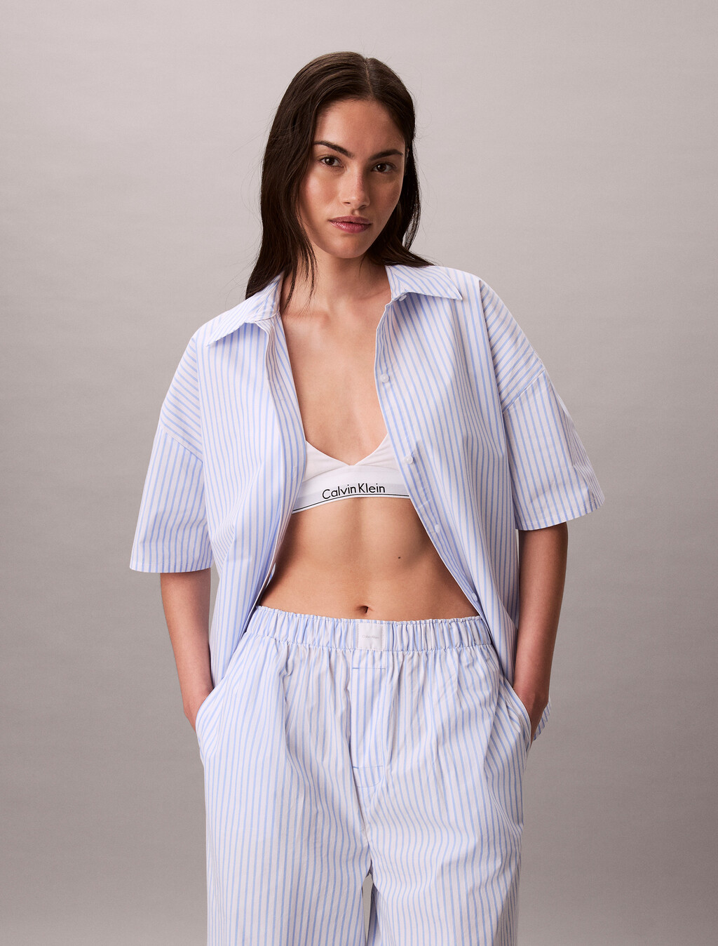 Cotton Poplin Pyjama Button-Down Shirt, SERA STRIPE BLUE DESCENT, hi-res