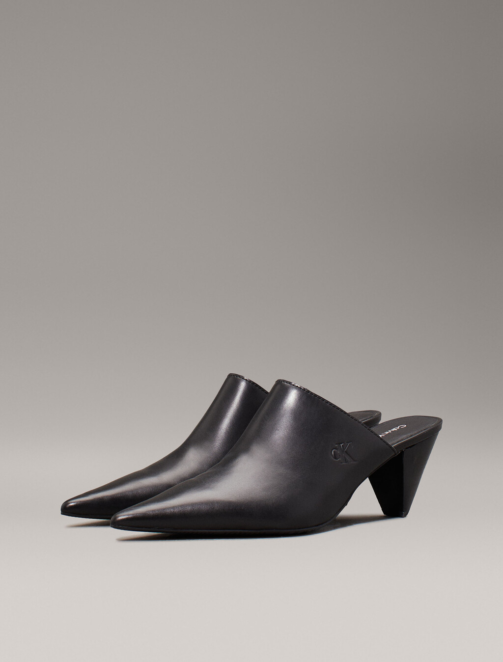 Leather Cone Heel Mules, Triple Black, hi-res