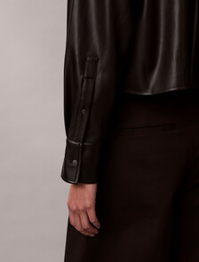 Faux Leather Cropped Shirt, Black, hi-res