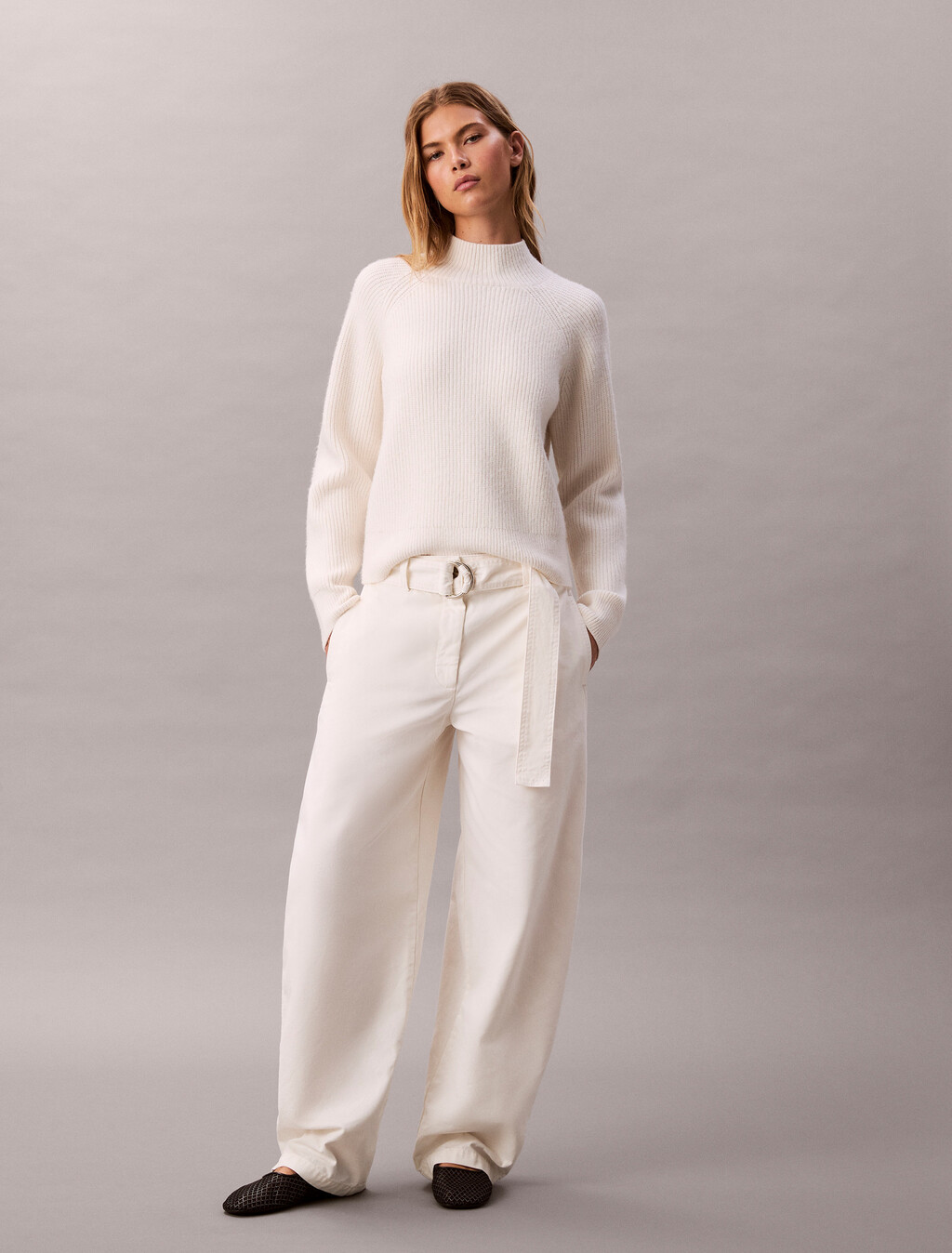 Cotton Relaxed Belted Pants, White Greige, hi-res