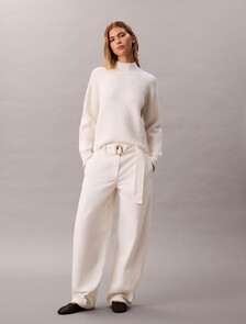 Cotton Relaxed Belted Pants, White Greige, hi-res