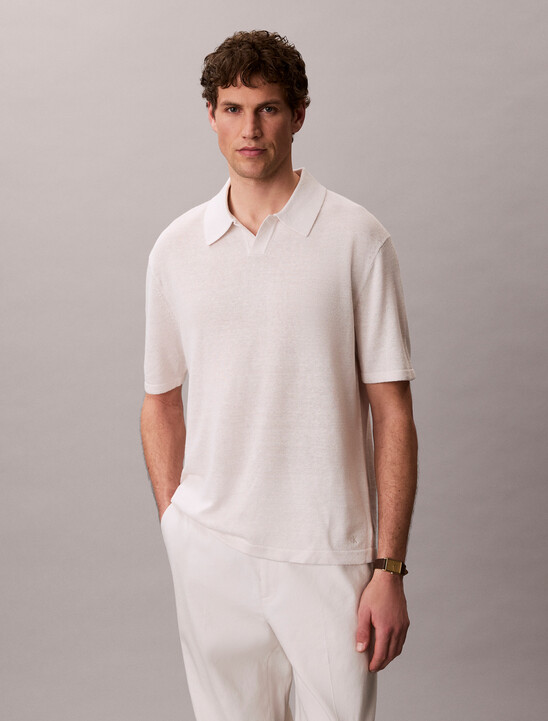 Linen Blend Open Collar Polo Shirt
