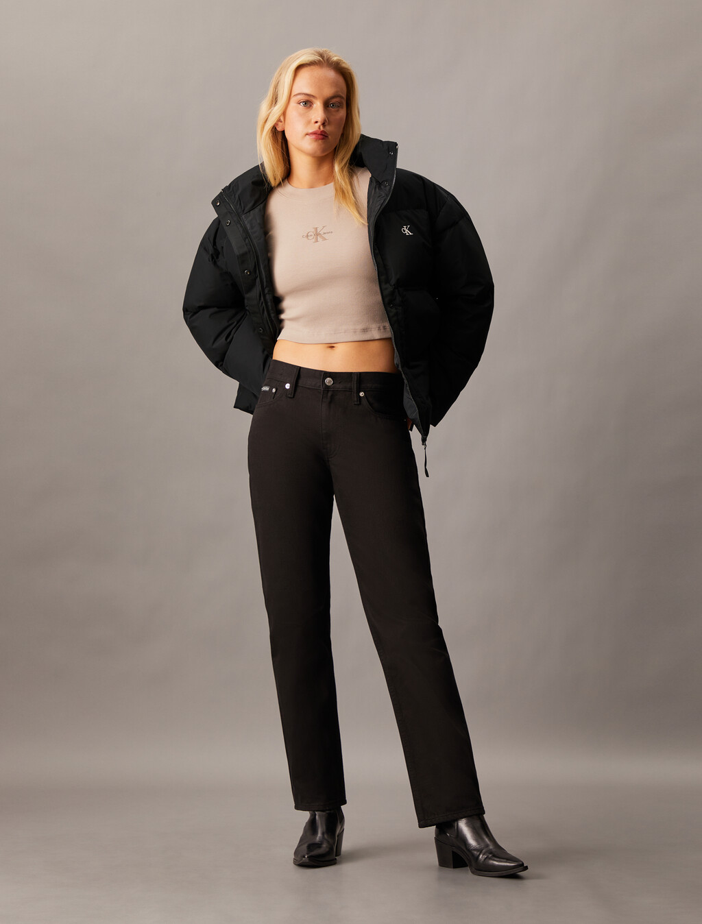 Cropped Stand Collar Puffer Jacket, Ck Black, hi-res