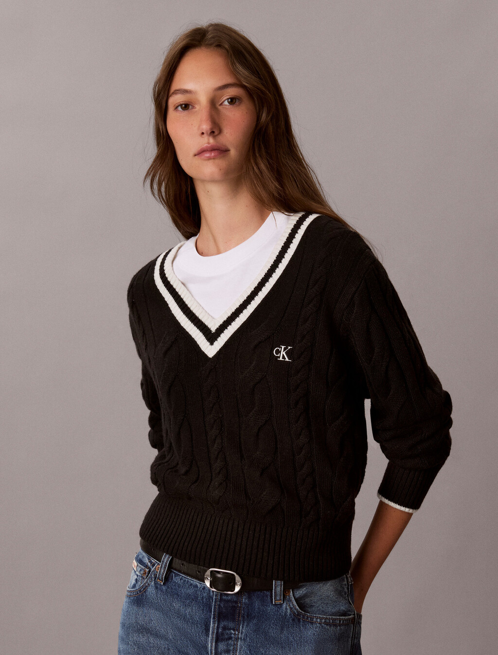 Cable Knit V-Neck Sweater, Black, hi-res