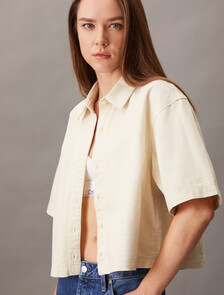 Denim Short Sleeve Cropped Shirt, CHALK WHITE, hi-res