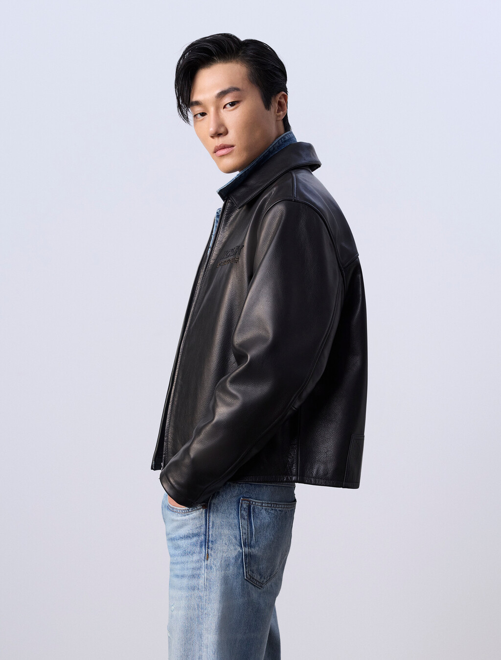 Jung Kook for Calvin Klein Leather Racer Jacket, Black, hi-res