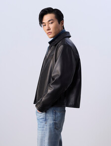 Jung Kook for Calvin Klein Leather Racer Jacket, Black, hi-res