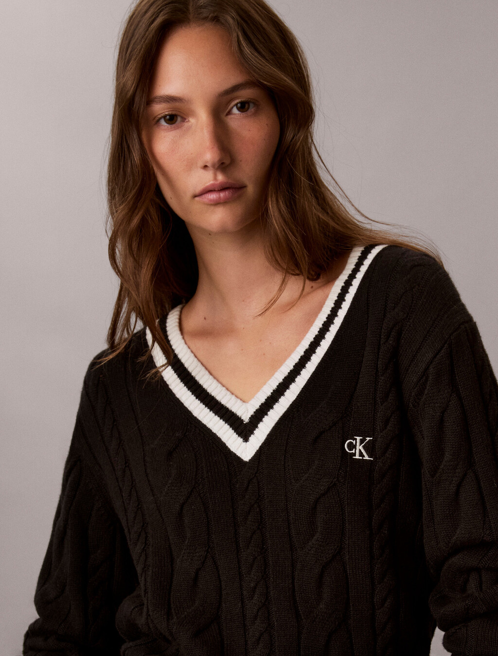 Cable Knit V-Neck Sweater, Black, hi-res