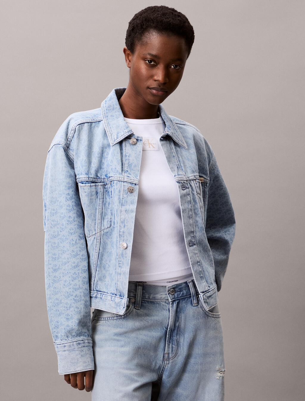 Monogram Logo Cropped Denim Jacket, CK LIGHT PRINTED, hi-res
