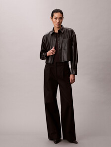 Faux Leather Cropped Shirt, Black, hi-res