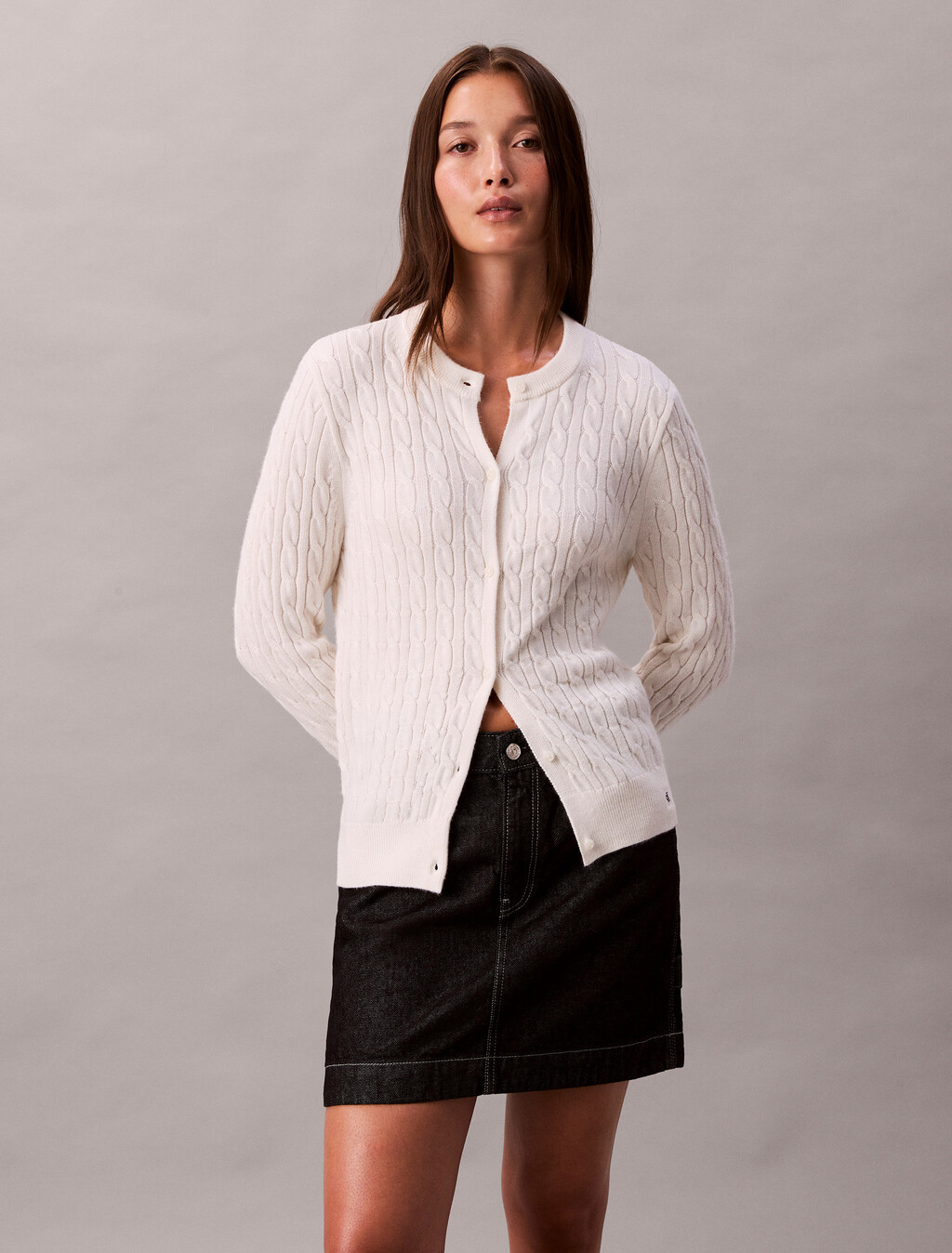 Merino Wool Blend Cable Cardigan, White Greige, hi-res