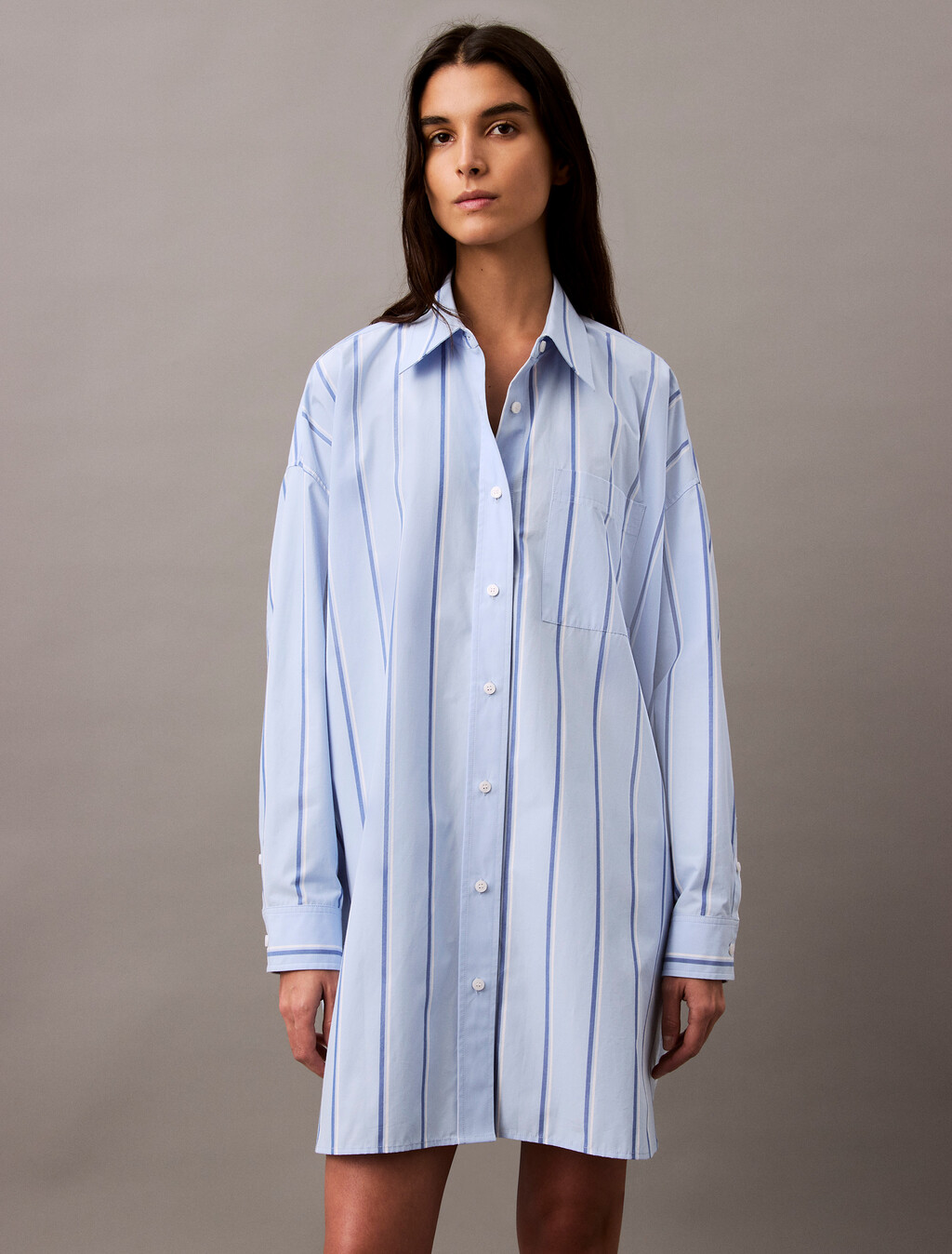 Relaxed Striped Cotton Shirt Dress, 18815 CSW25S_W013+Chambray Blue, hi-res