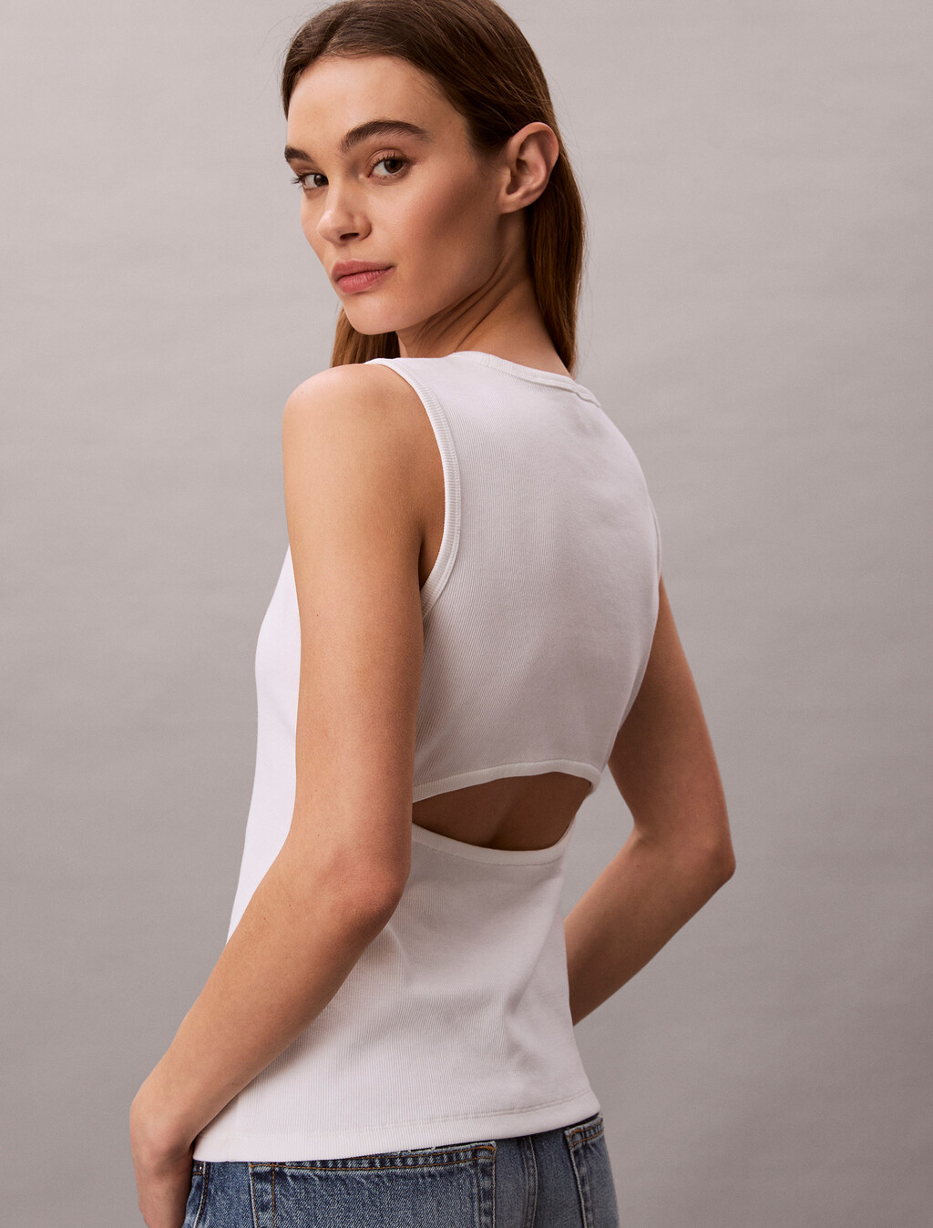 Monogram Label Cutout Tank Top, Bright White, hi-res