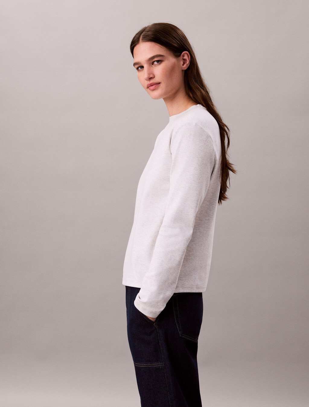 Interlock Cotton Emblem Mock Neck Tee, Light Grey Heather, hi-res