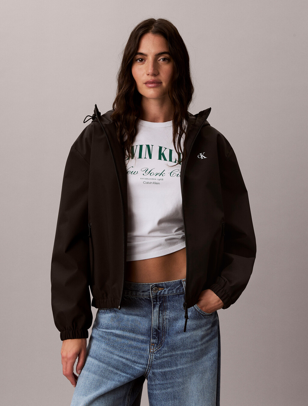 Hooded Relaxed Windbreaker, Black, hi-res