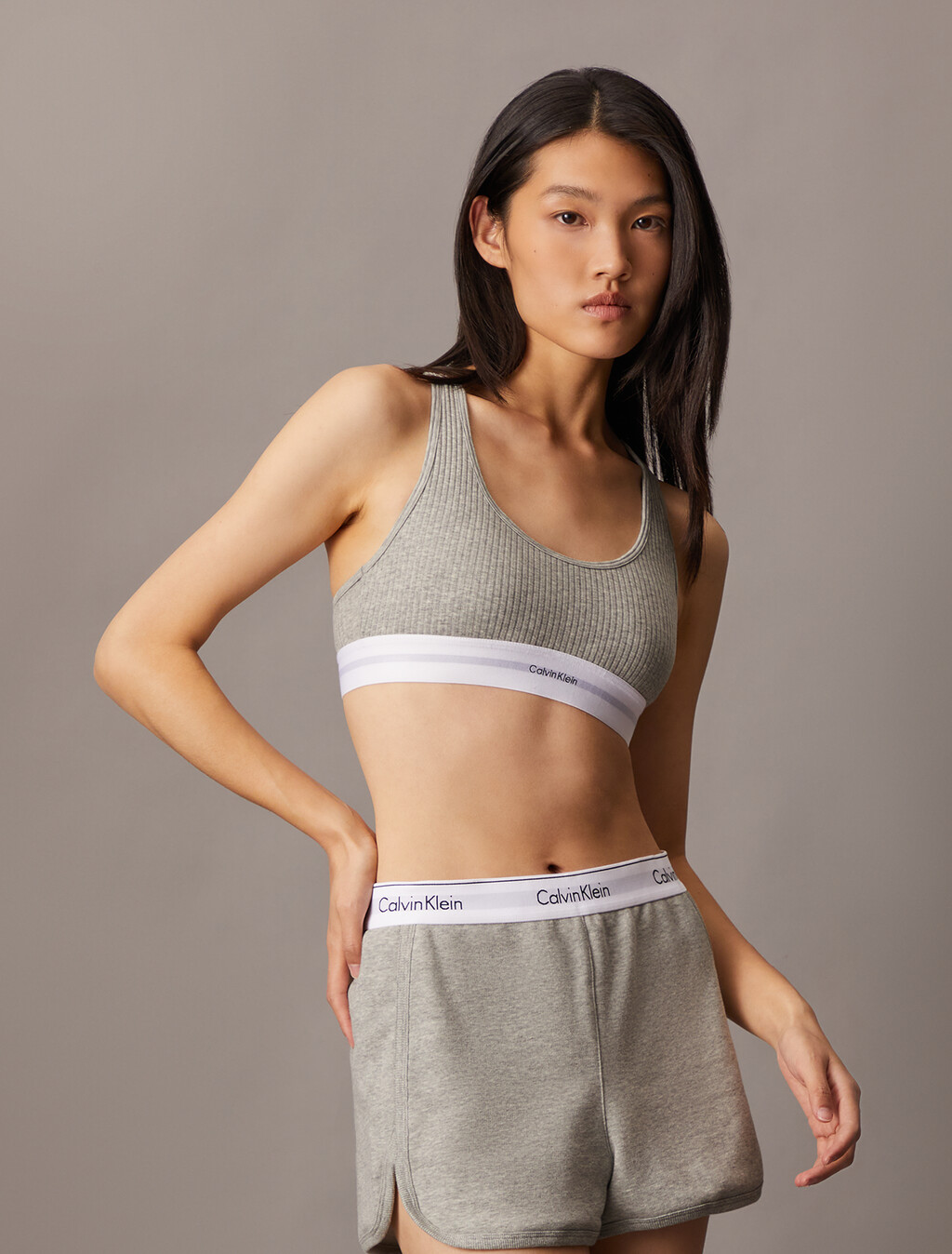 Cotton Modal Stretch Rib Knit Lightly Lined Bralette, Grey Heather, hi-res