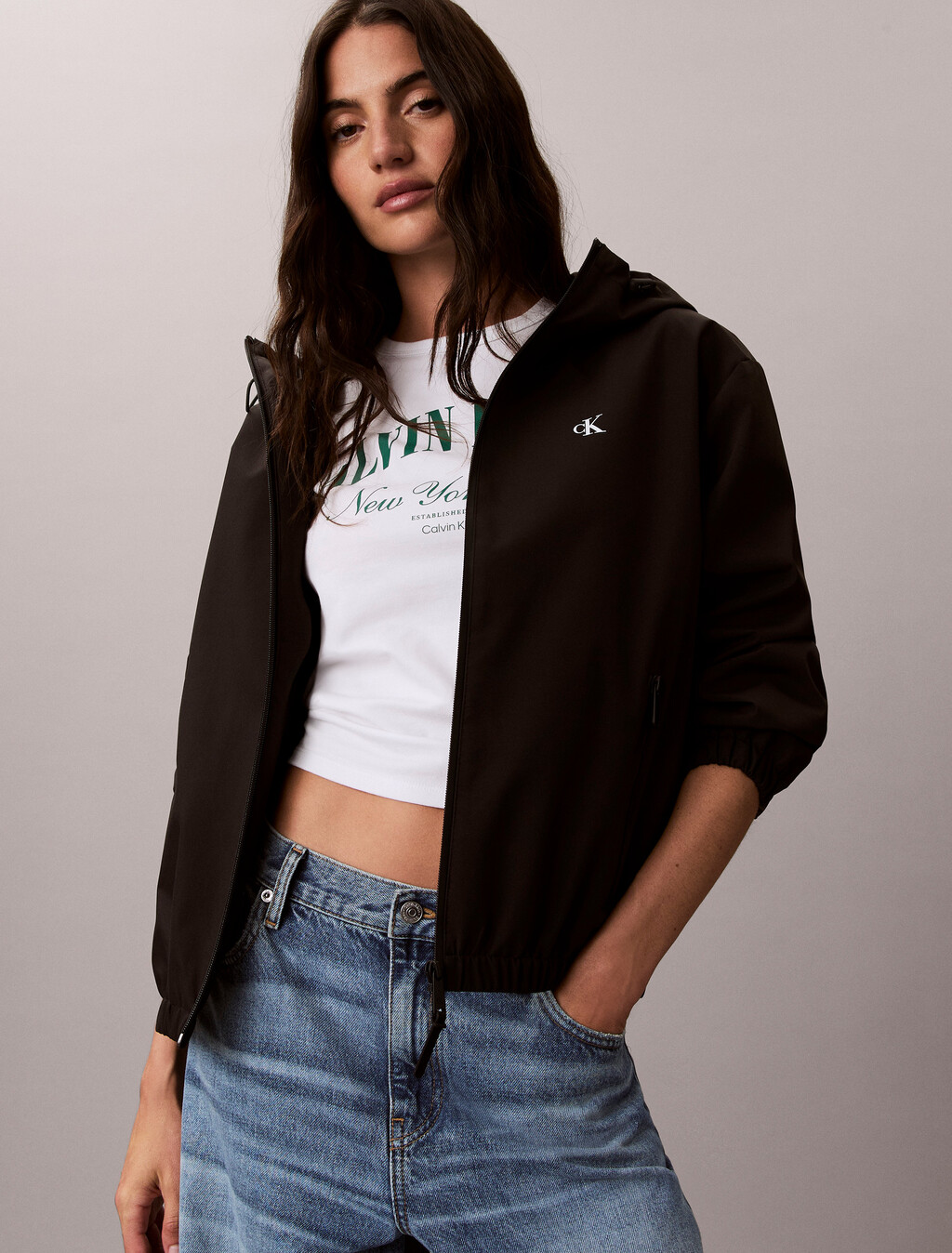 Hooded Relaxed Windbreaker, Black, hi-res