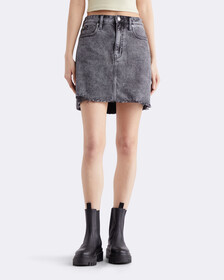 A-Line Frayed Denim Mini Skirt, 216A GREY DSTR, hi-res