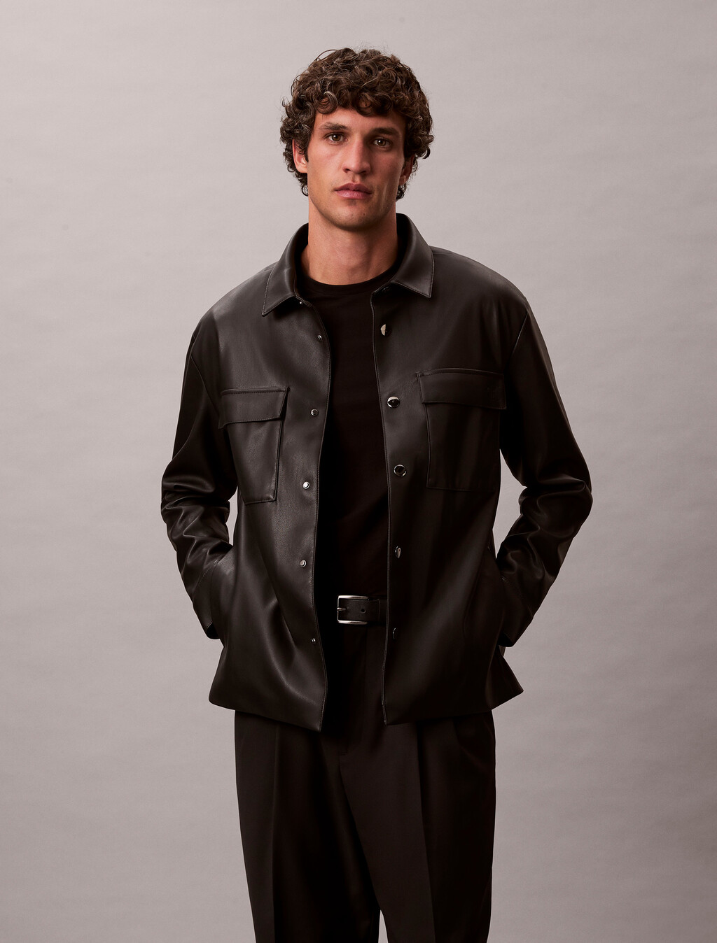 Faux Leather Shirt Jacket, Black, hi-res