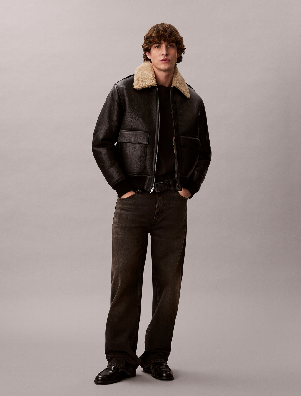 Shearling Leather Flight Jacket, Black / Natural, hi-res