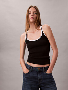 Contrast Trim Ribbed Tank Top, Black Combo, hi-res