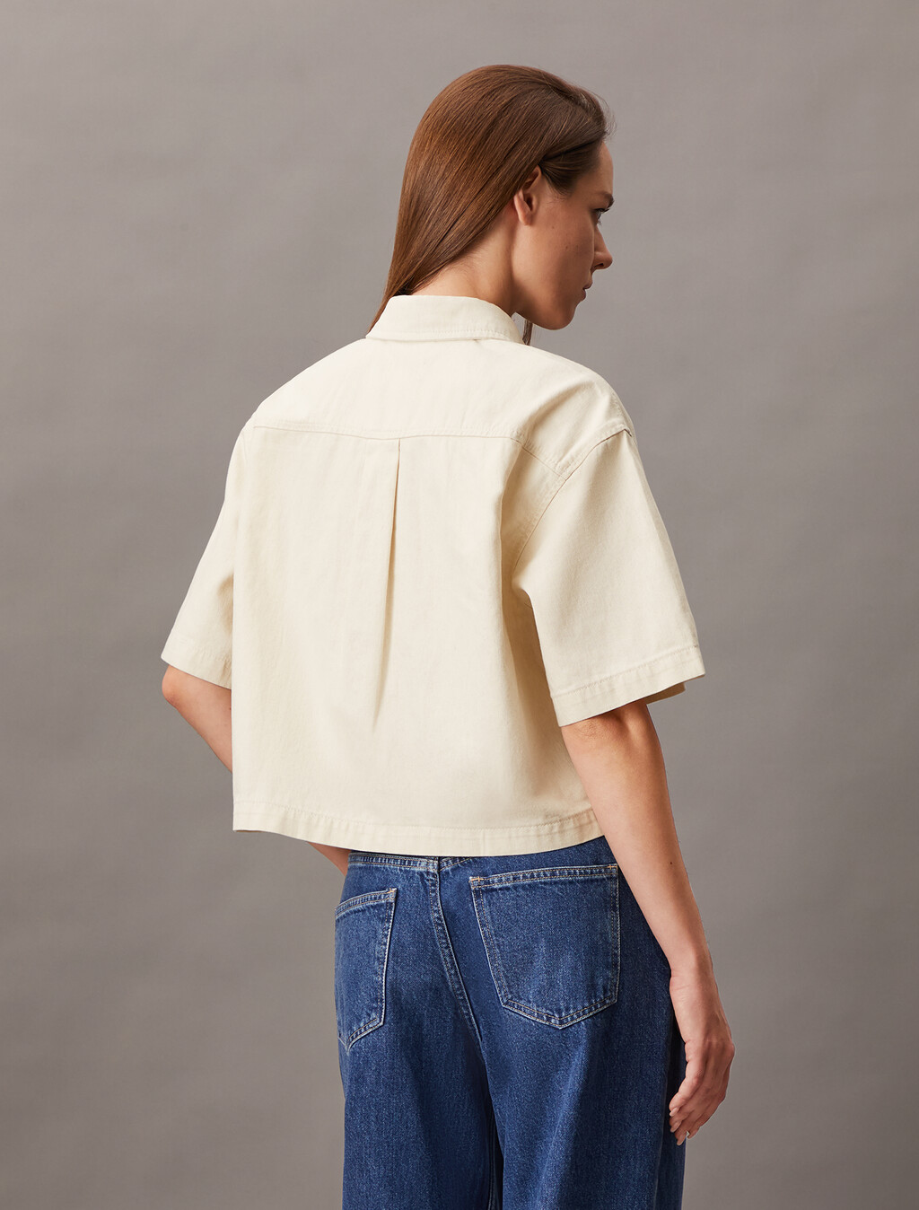 Denim Short Sleeve Cropped Shirt, CHALK WHITE, hi-res