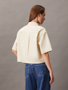 Denim Short Sleeve Cropped Shirt, CHALK WHITE, hi-res