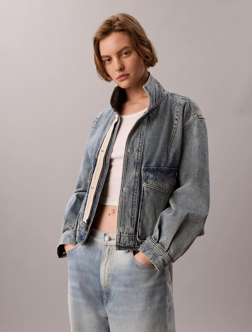 Cropped Denim Utility Jacket, TATTERED LAPIS, hi-res