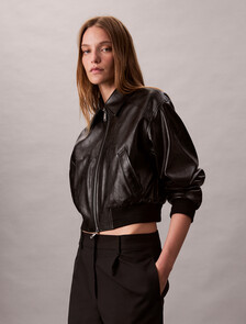 Cropped Faux Leather Bomber Jacket, Black, hi-res