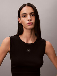 Monogram Label Cutout Tank Top, Black, hi-res