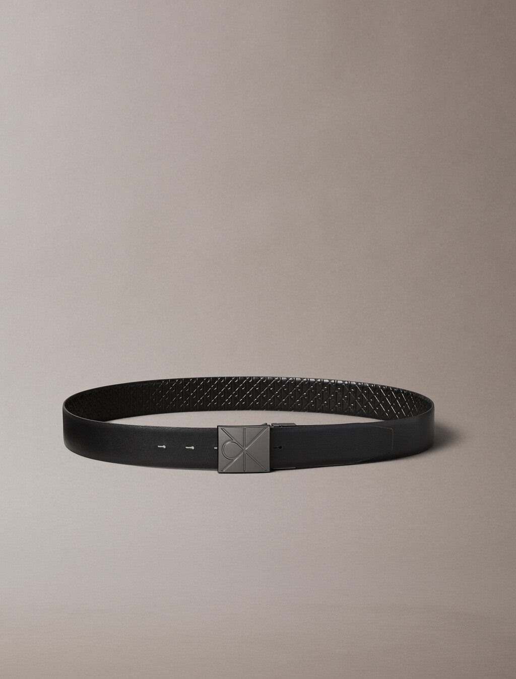 CK Emblem Plaque Reversible Belt, Black AOP / Black / Matte Gunmetal, hi-res