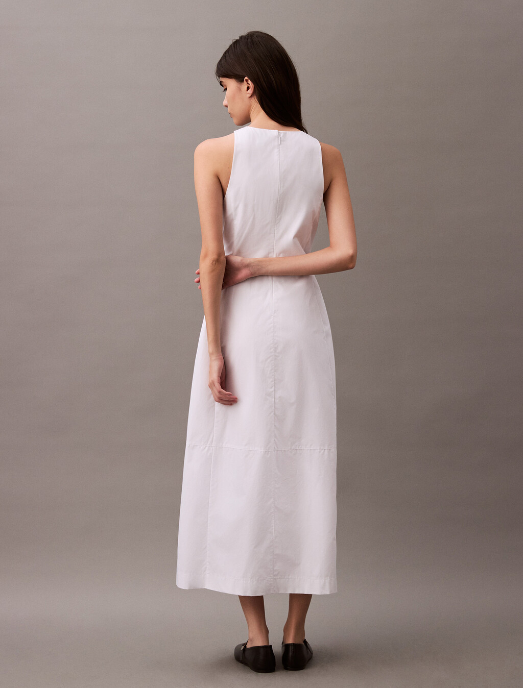 Cotton Poplin Box Pleat Midi Dress, Brilliant White, hi-res