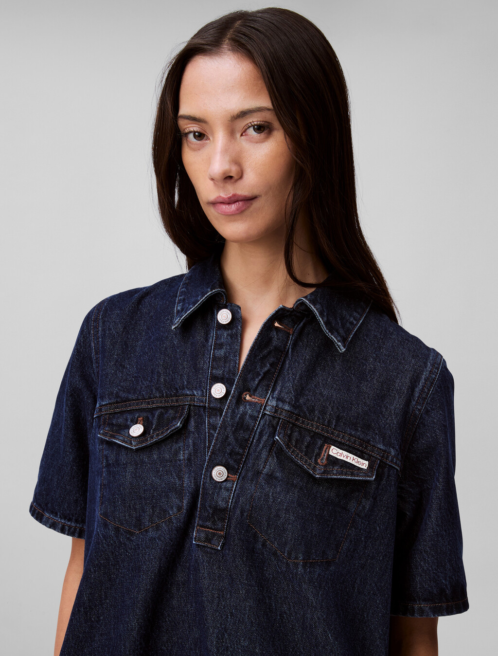 Denim A-line Mini Dress, DARK CK BLUE, hi-res