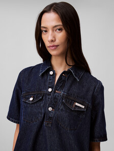 Denim A-line Mini Dress, DARK CK BLUE, hi-res