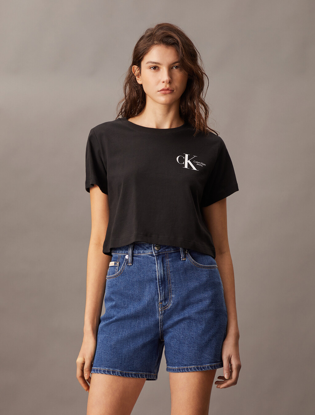 CK Monogram Cropped Tee, CK BLACK, hi-res