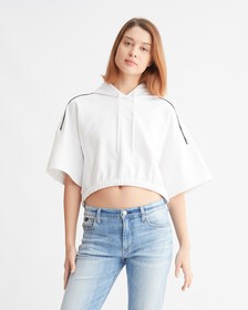 Logo Tape Cropped Hoodie, Bright White, hi-res