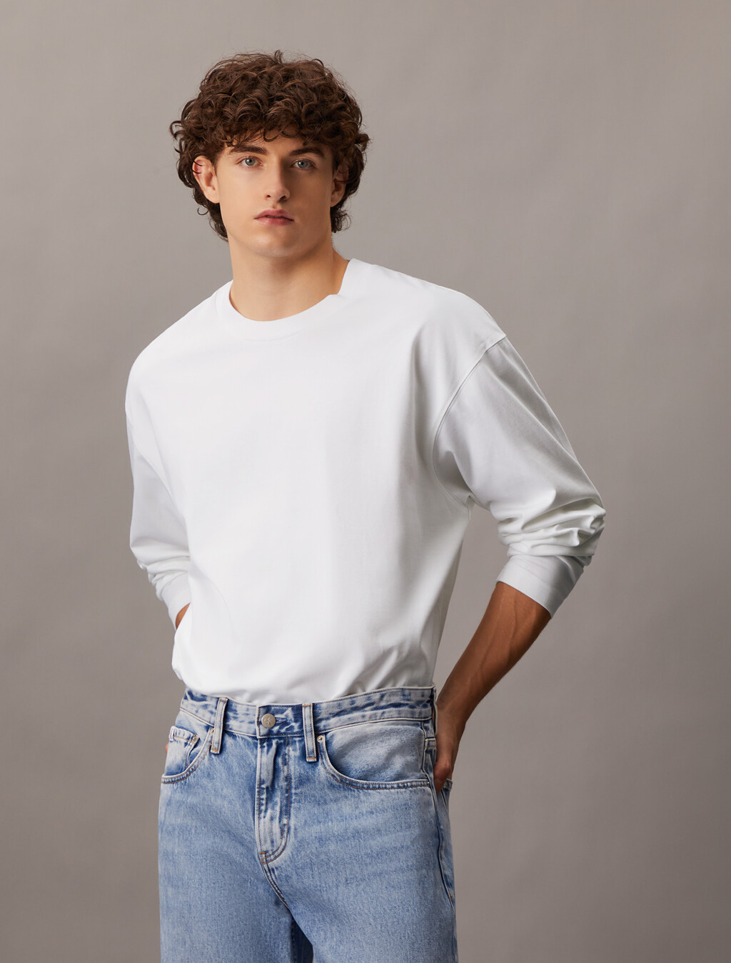 Embossed Logo Relaxed Long Sleeve Tee, Bright White, hi-res