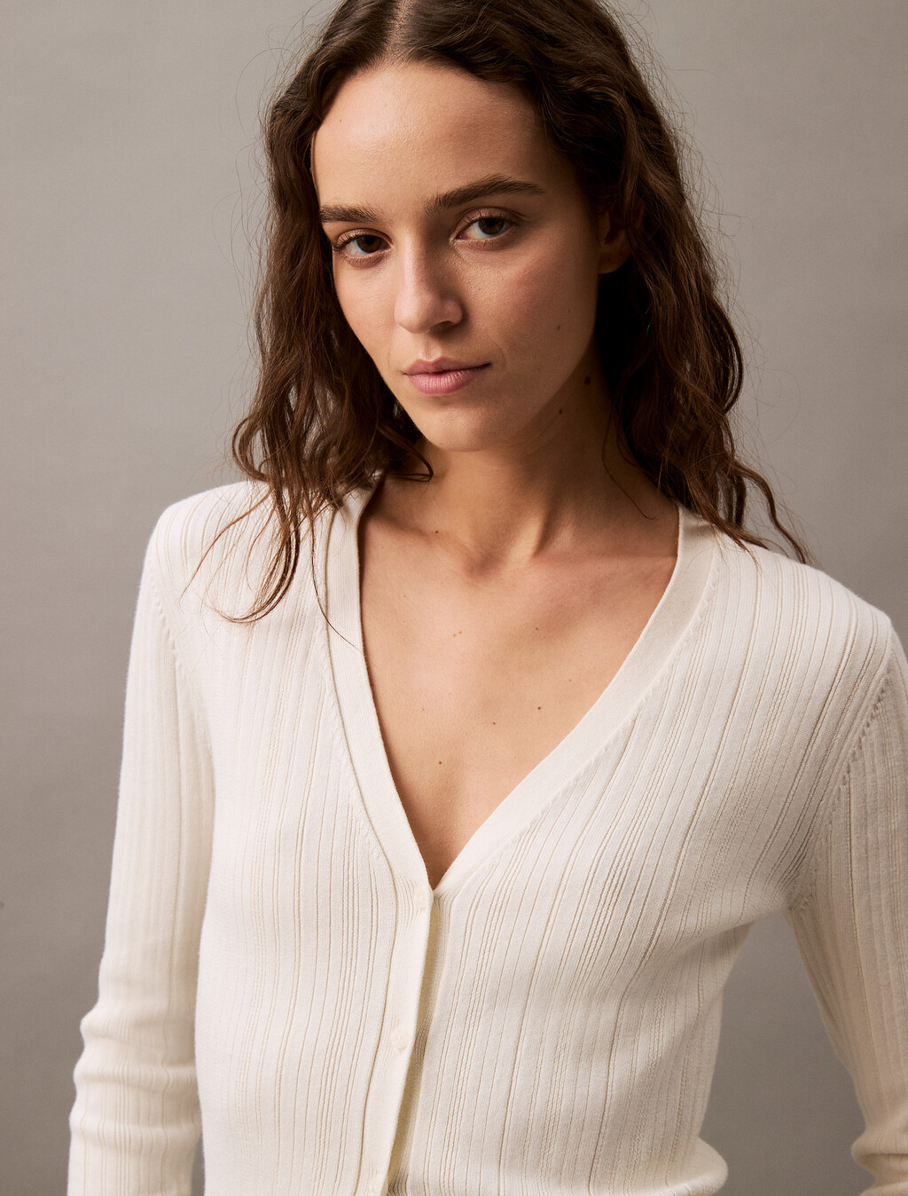 Cotton Variegated Rib Knit Cardigan, Tofu, hi-res