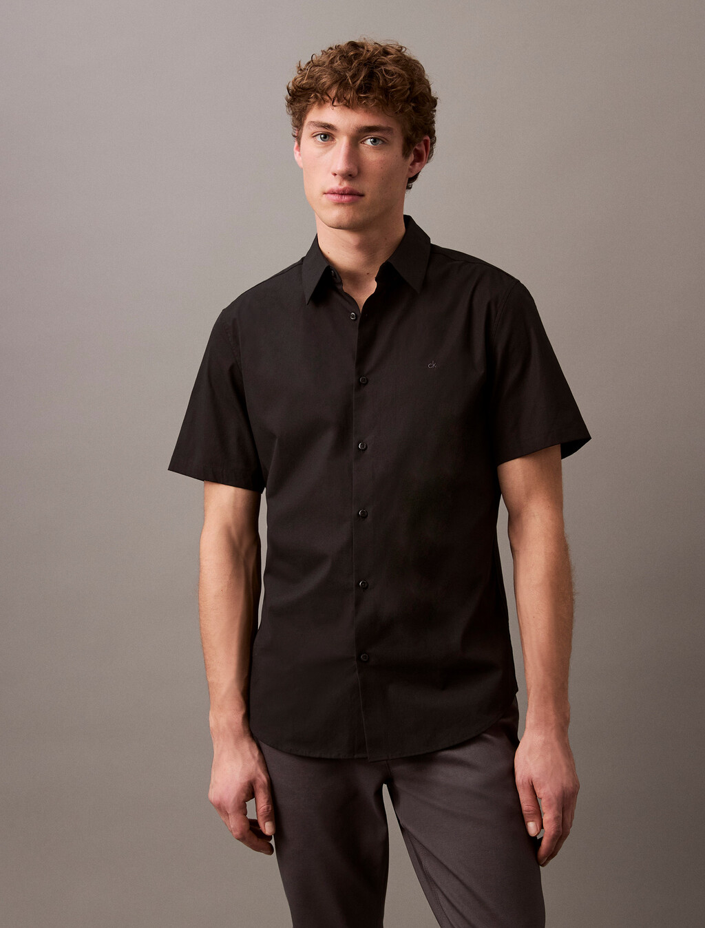 Stretch Cotton Slim Shirt, Black, hi-res