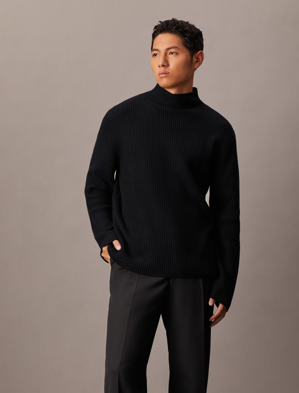 Woolen Rib Knit Mock Neck Sweater, Black, hi-res
