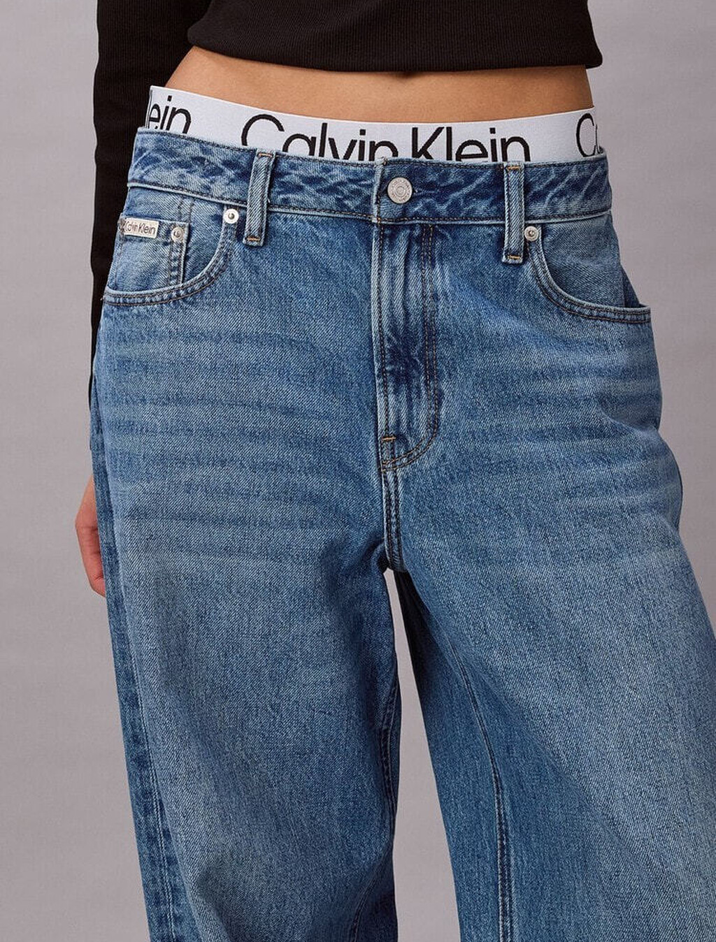 Logo Waistband Low Rise Baggy Jeans, MID BLUE, hi-res
